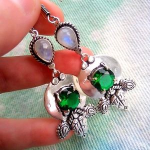 ❤ Artisan Moonstone + Green Quartz Sterling Silver Dangle Earrings. Harvest Moon